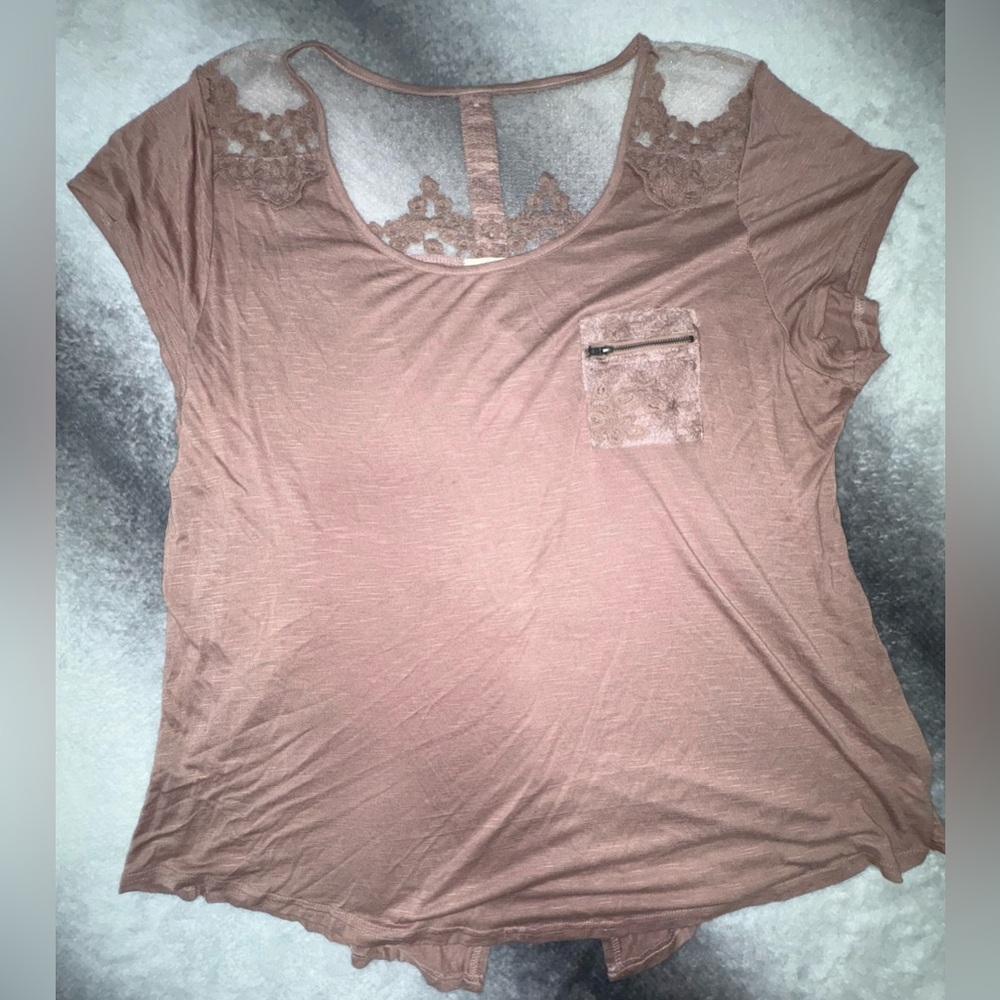 (B5) Perch 3XL Pink‎ Mauve Lace Button Back Top Short Sleeve Pocket Zipper Plus